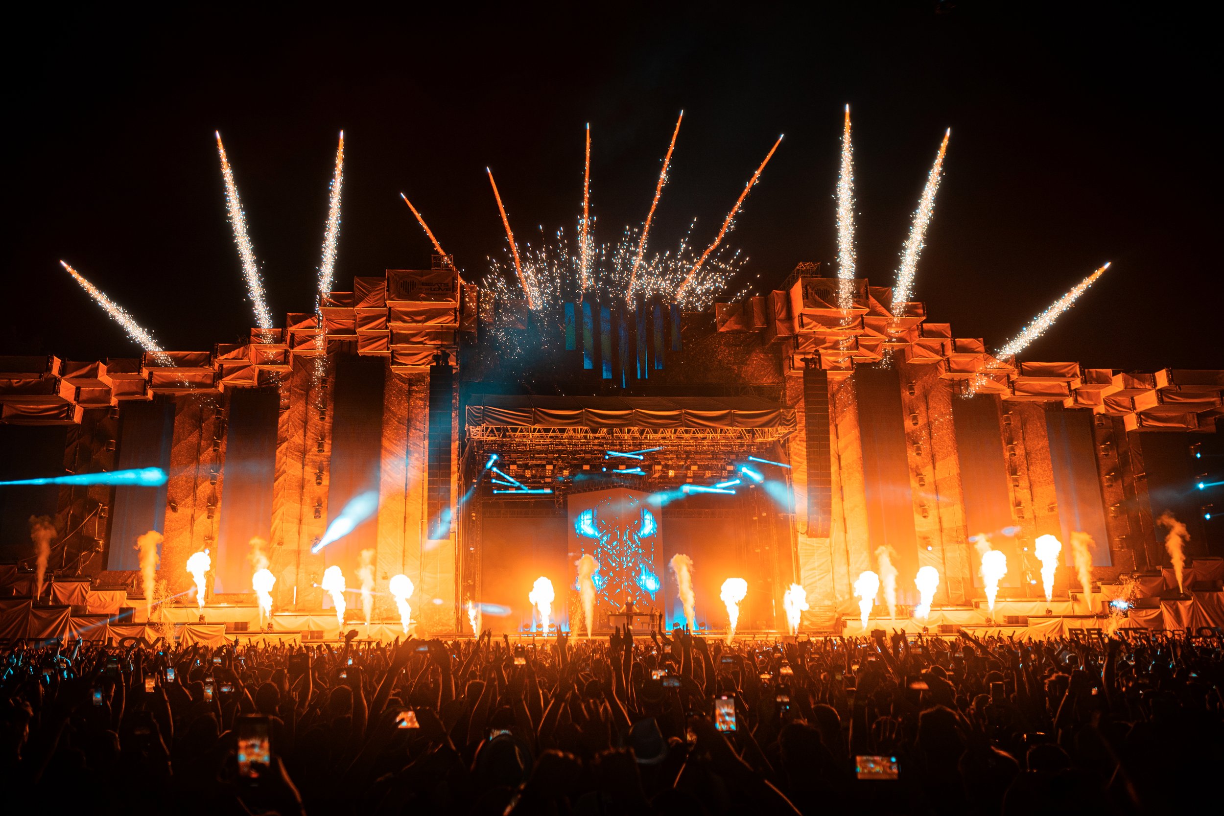Festival mainstage with pyro at a music event